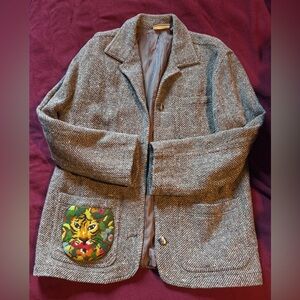 VINTAGE Gray Herringbone Blazer with Embroidered TIGER Pocket LIZ CLAIBORNE